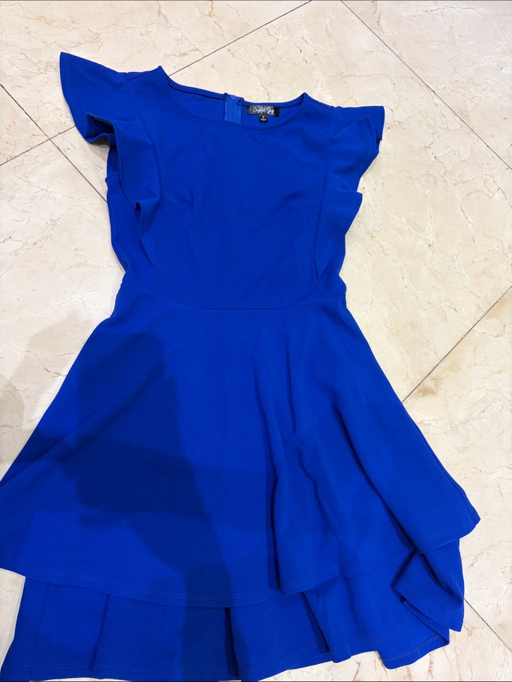 Girls Royal Blue Ruffle Sleeve Fit & Flare Dress